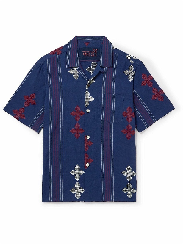 Photo: Kardo - Convertible-Collar Embroidered Striped Cotton Shirt - Blue