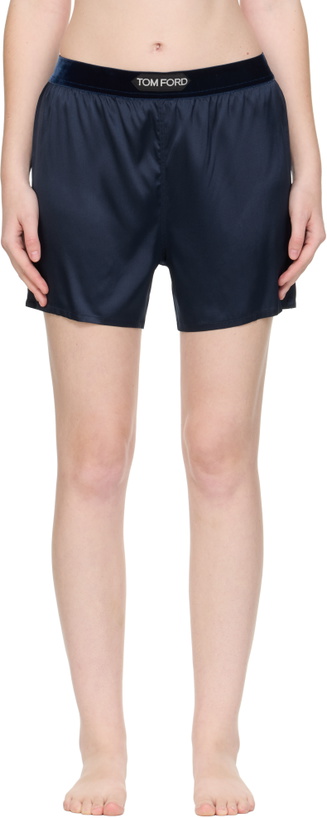 Photo: TOM FORD Navy Stretch Silk Satin Boxer Shorts