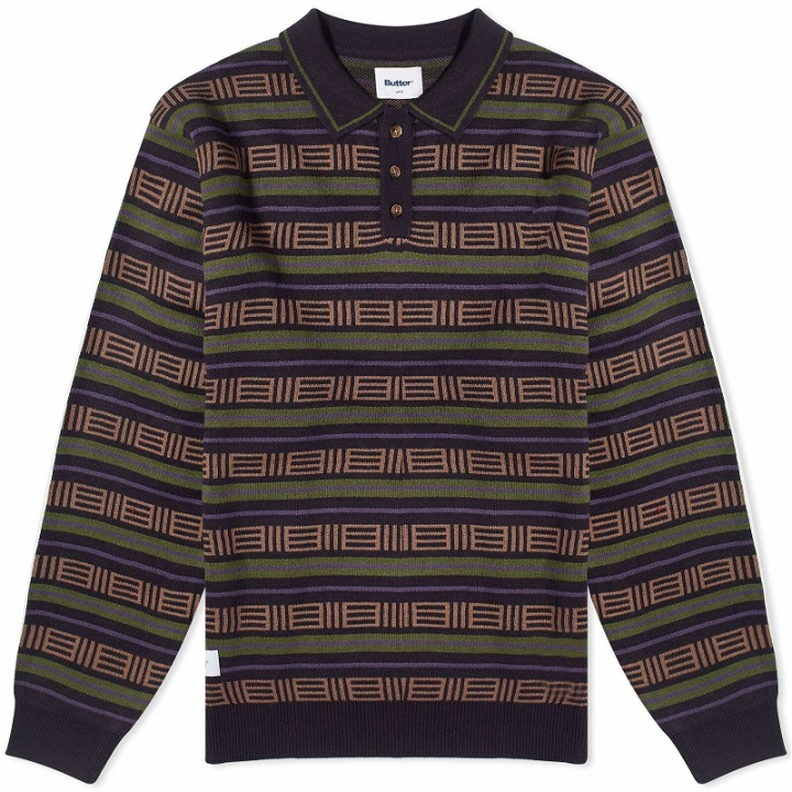Photo: Butter Goods Men's Long Sleeve Knit Polo Shirt in Navy/Forest