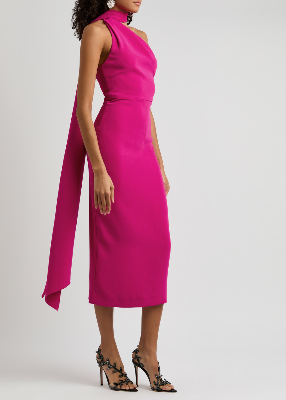 Solace London Samira One-shoulder Scarf-effect Midi Dress Dark Pink
