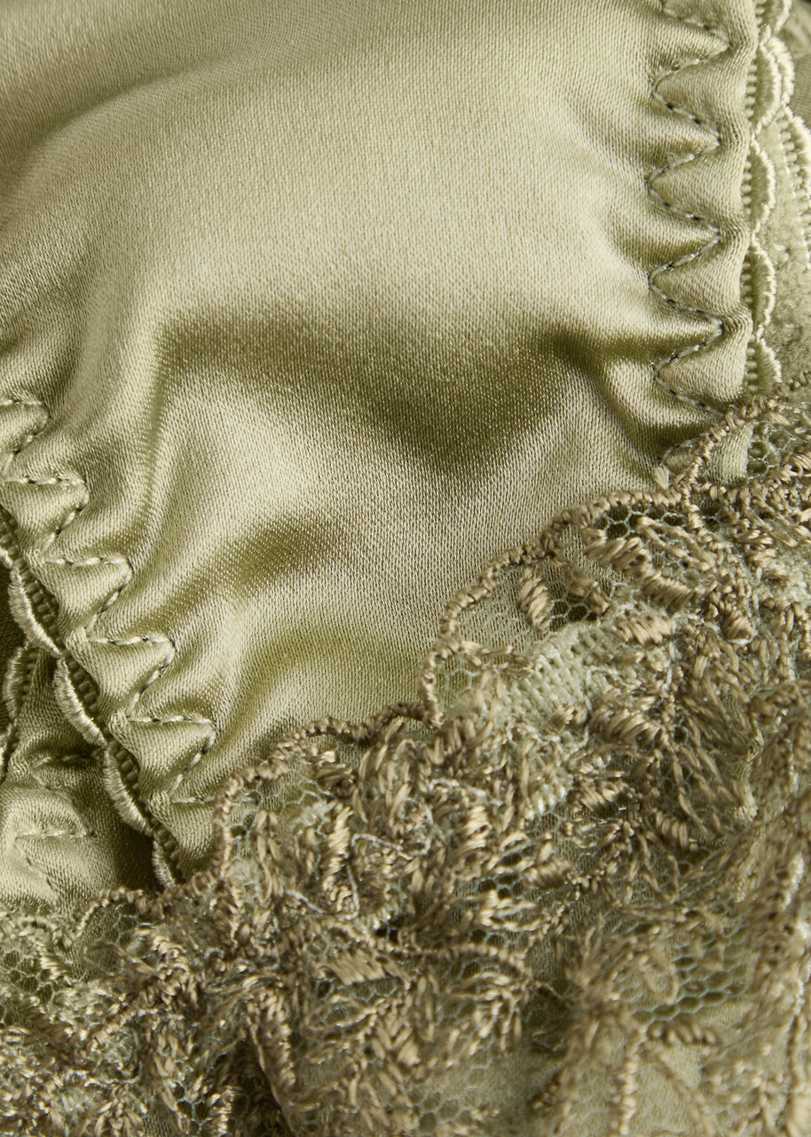 Fleur OF England Arianna Embroidered Silk-blend Satin Thong Sage