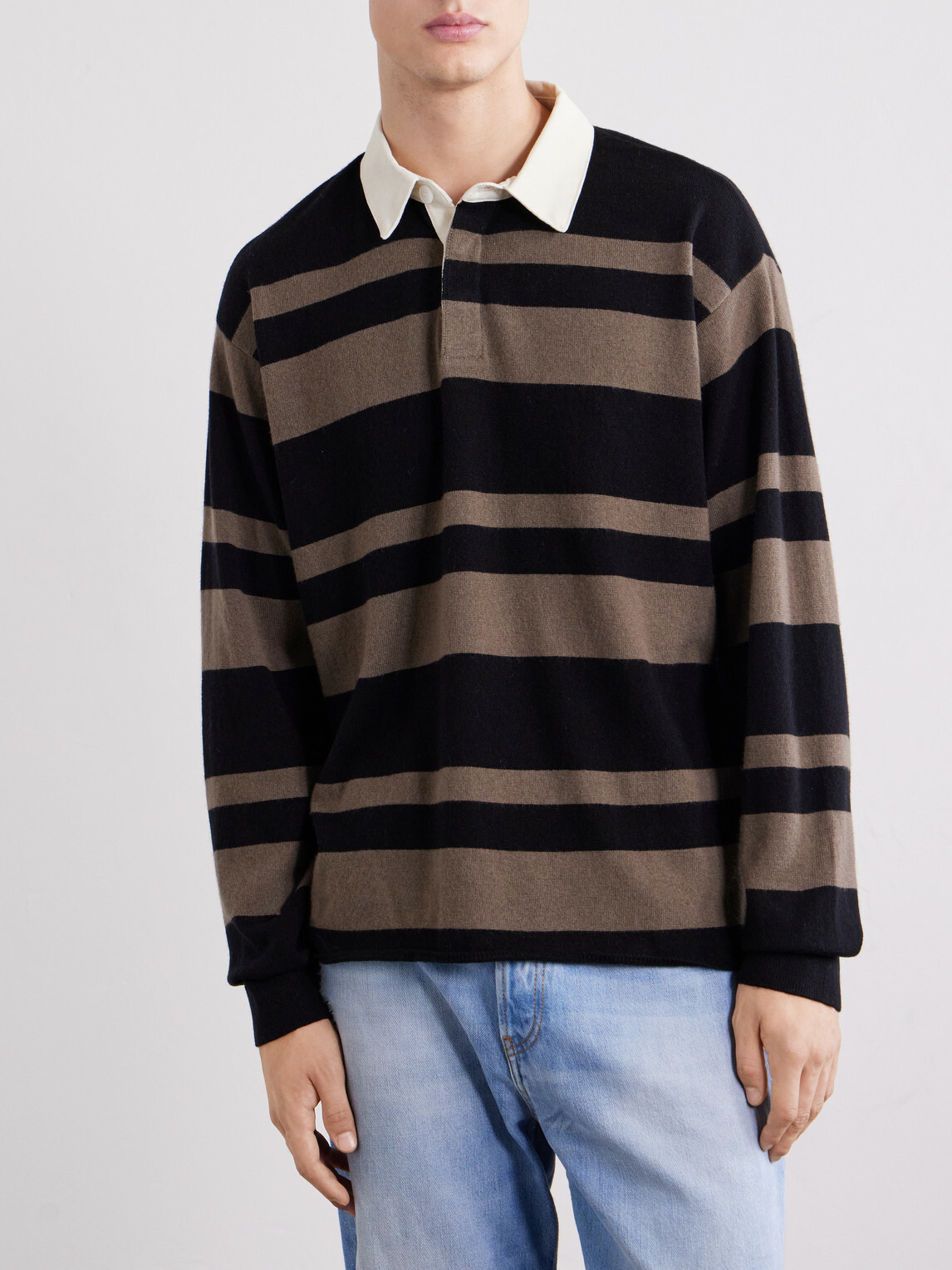 FRAME - Striped Wool and Cashmere-Blend Polo Shirt - Black