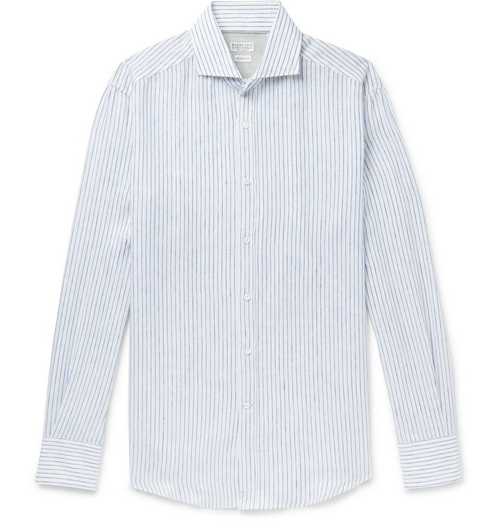 Photo: Brunello Cucinelli - Slim-Fit Cutaway-Collar Striped Linen Shirt - Navy