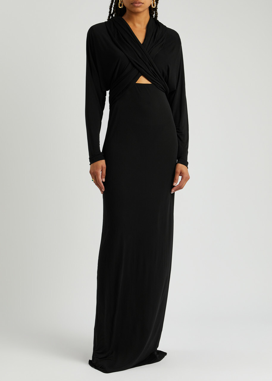 Saint Laurent Women's Black Slim-Fit Hooded Cross-over Gown Saint Laurent