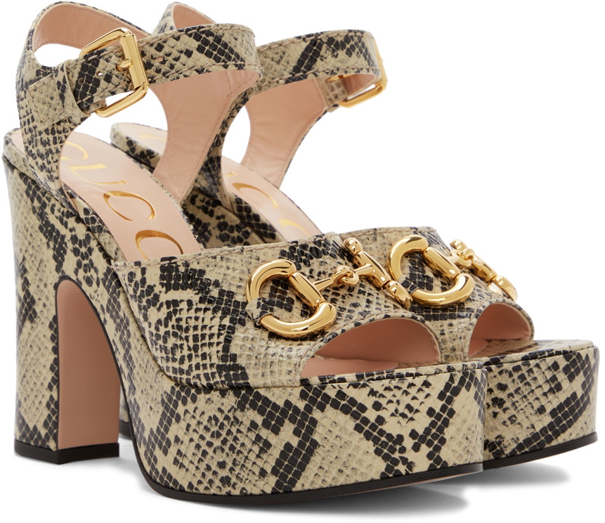 Gucci Beige & Brown Python Horsebit Heeled Sandals