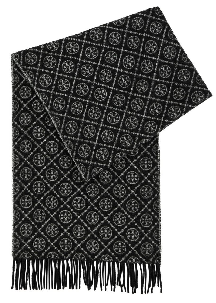 マフラー・ストール TORY BURCH WOOL BLEND SCARF WITH LOGO Tory Burch Logo-monogrammed Wool-blend Scarf - Black - One