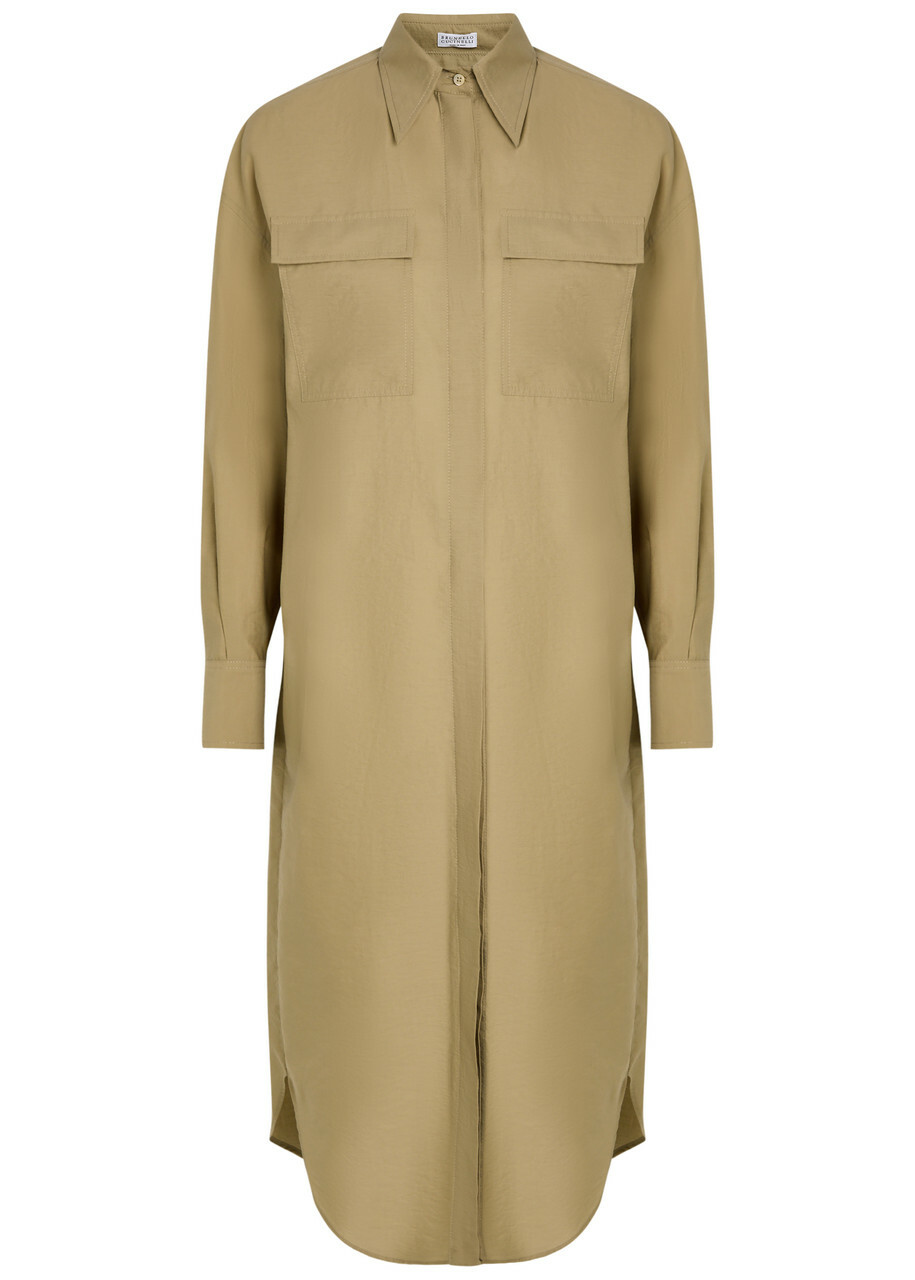 Brunello Cucinelli Crinkled Cotton-blend Midi Shirt Dress Beige