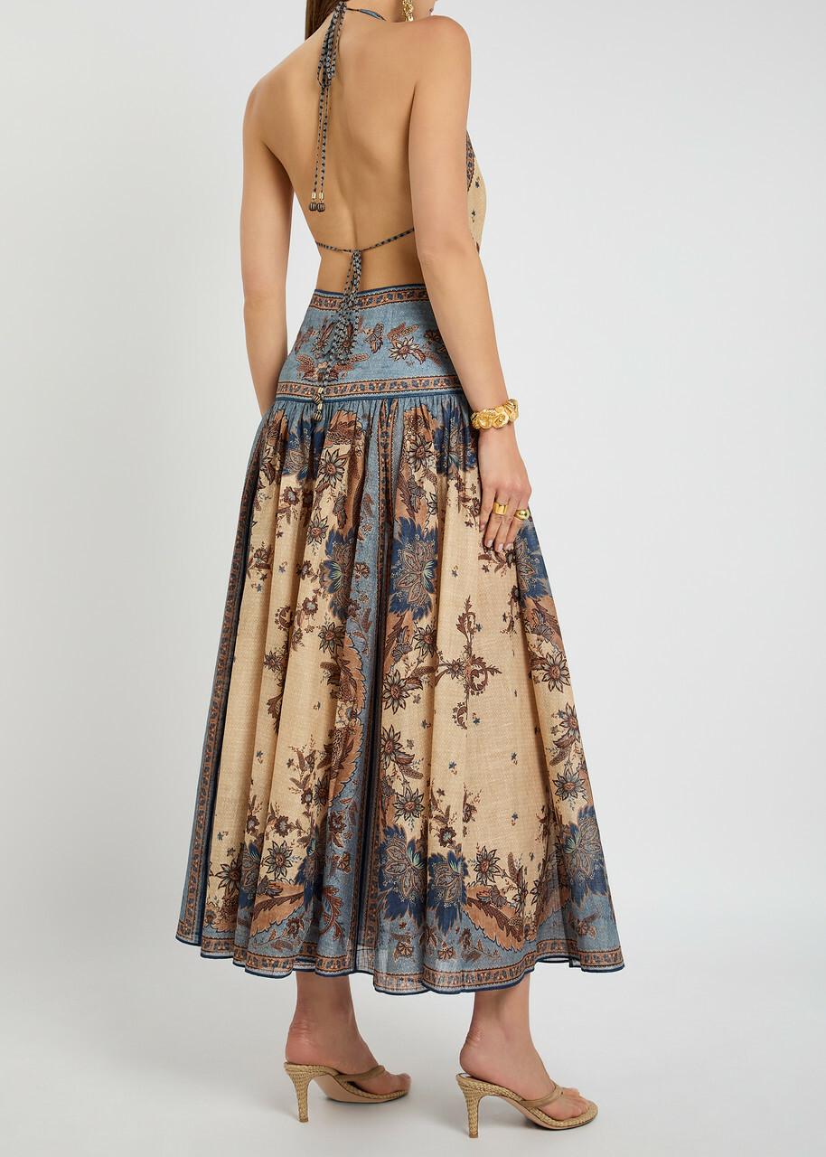 Zimmermann Ascension Plunge Halter Printed Cotton Maxi Dress