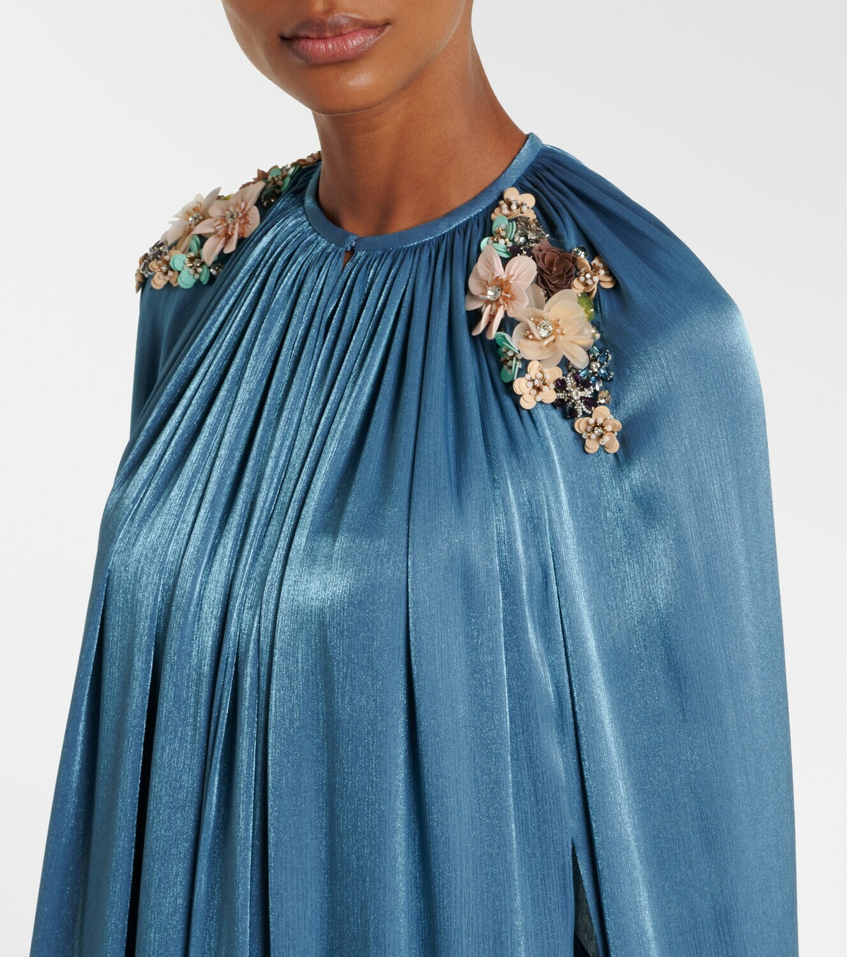 Costarellos Embellished pleated caped bustier gown
