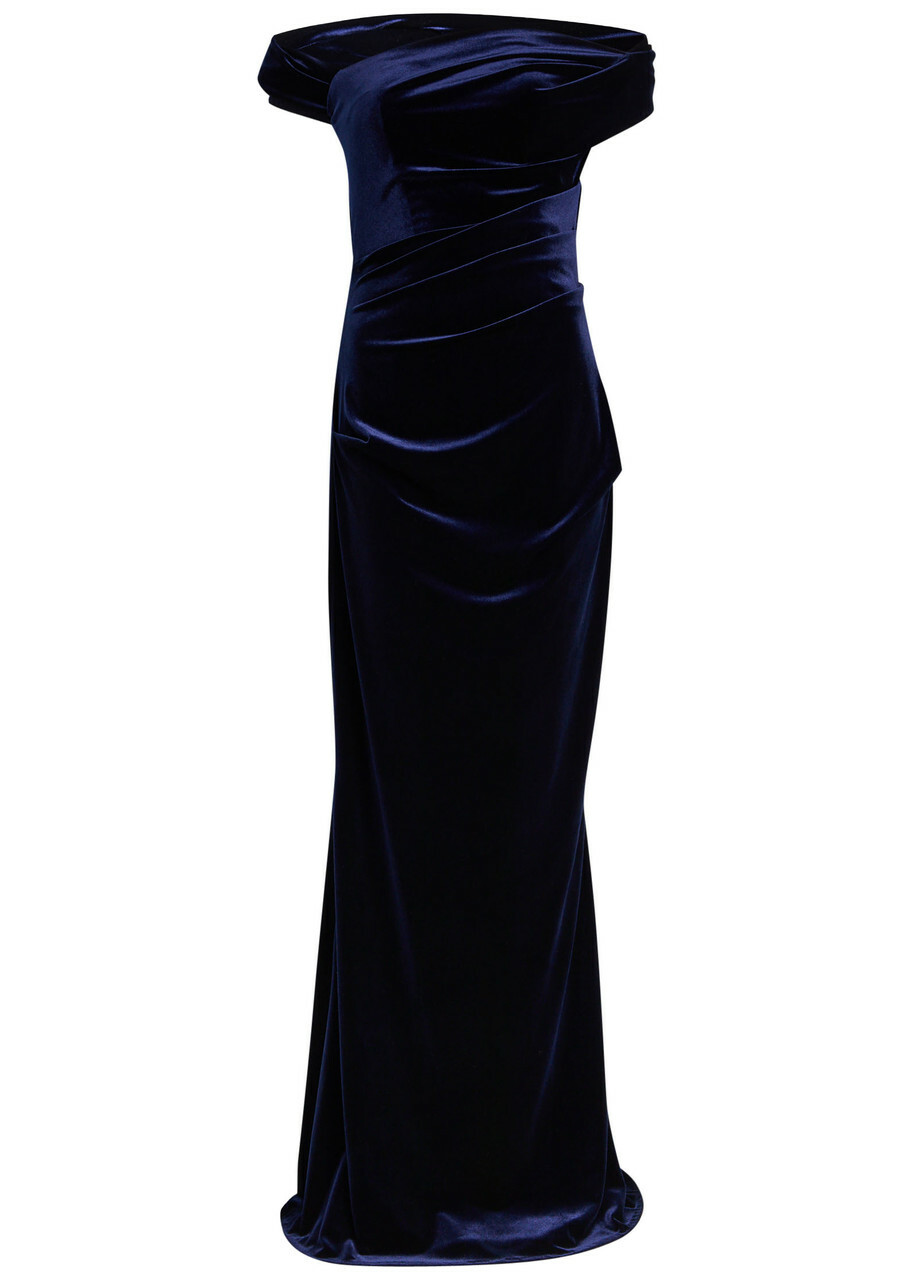 Talbot Runhof Off-the-shoulder Velvet Gown Navy