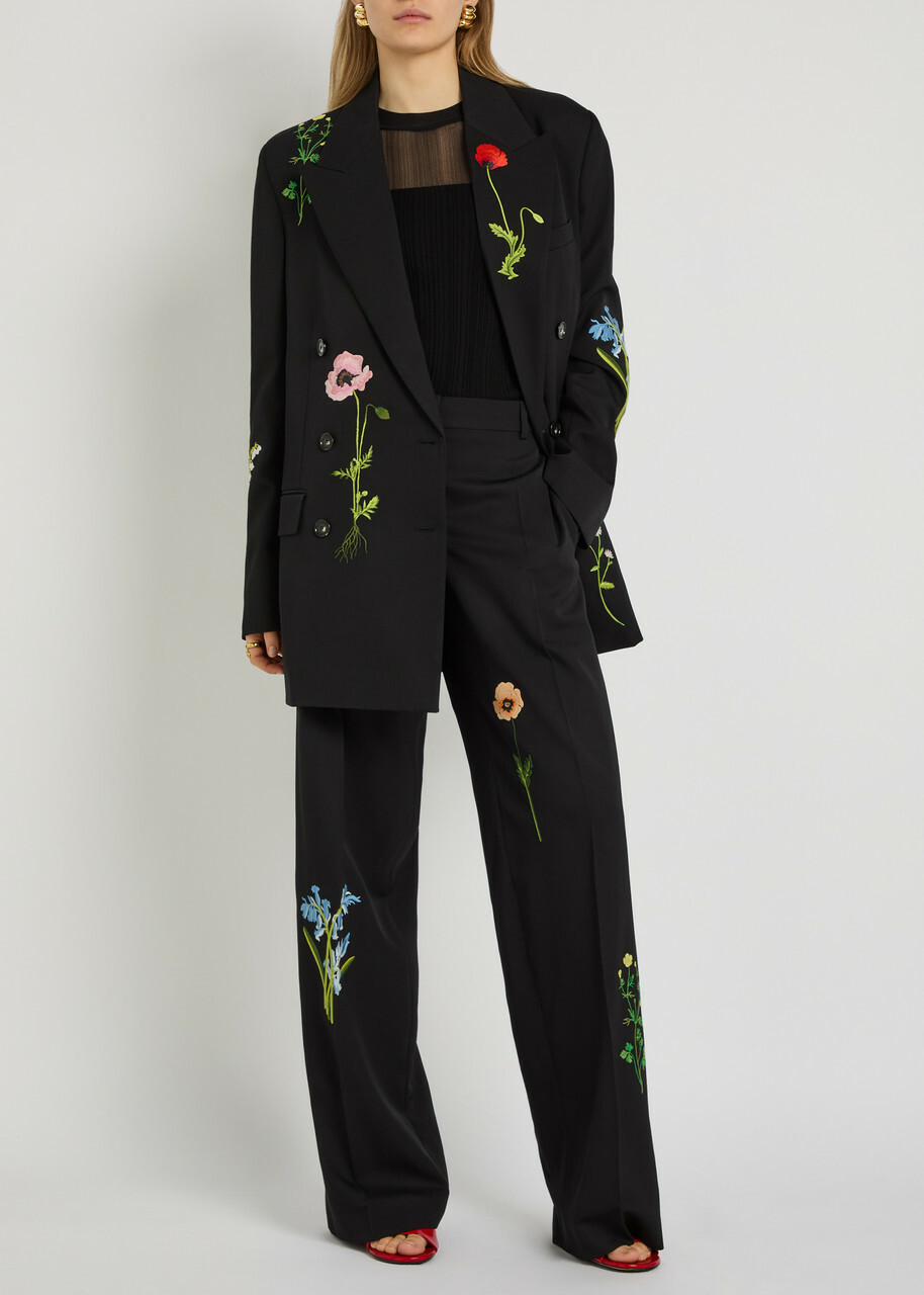 Stella Mccartney Boyfriend Floral-embroidered Wool Blazer Black