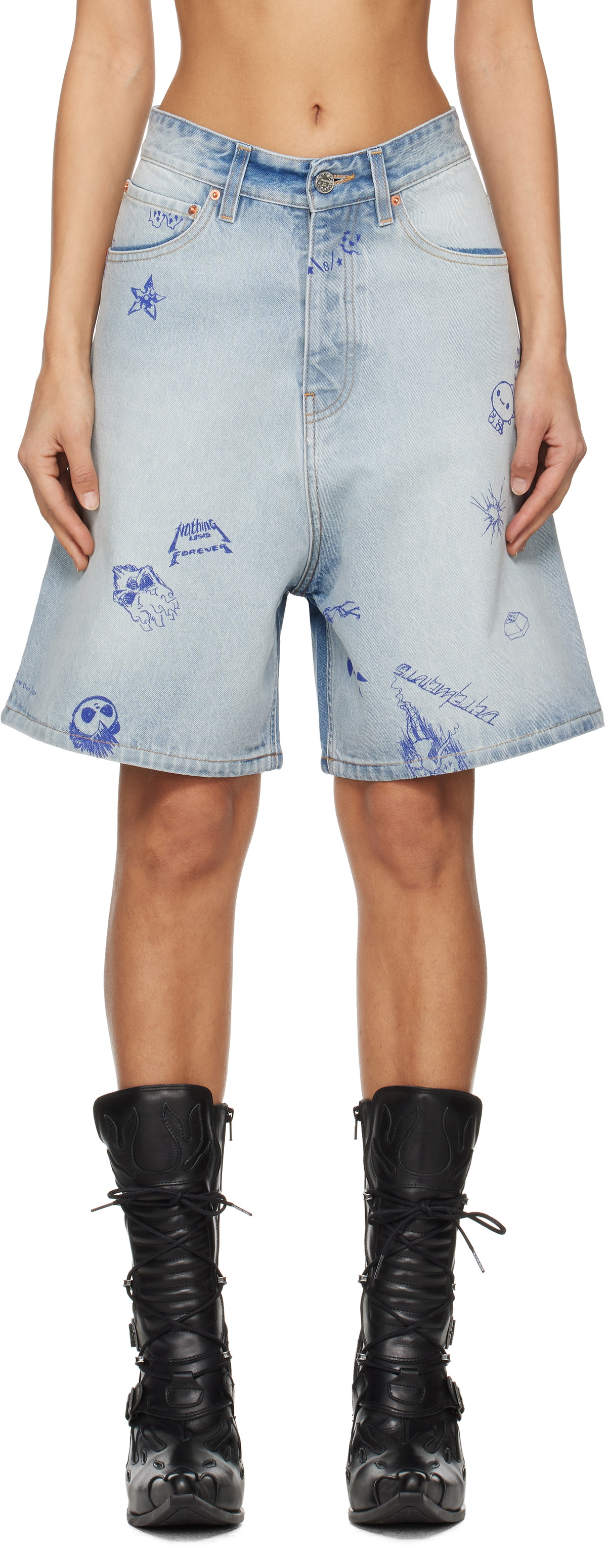 VETEMENTS Blue Scribbled Demin Shorts