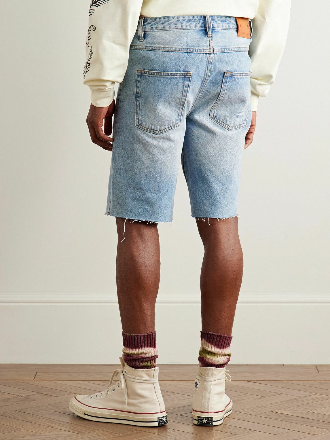 MANAAKI - Tama Slim-Fit Straight-Leg Distressed Denim Shorts - Blue