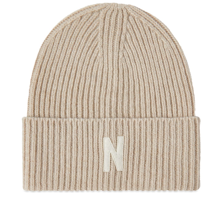 Photo: Norse Projects Men's N Logo Beanie in Oatmeal