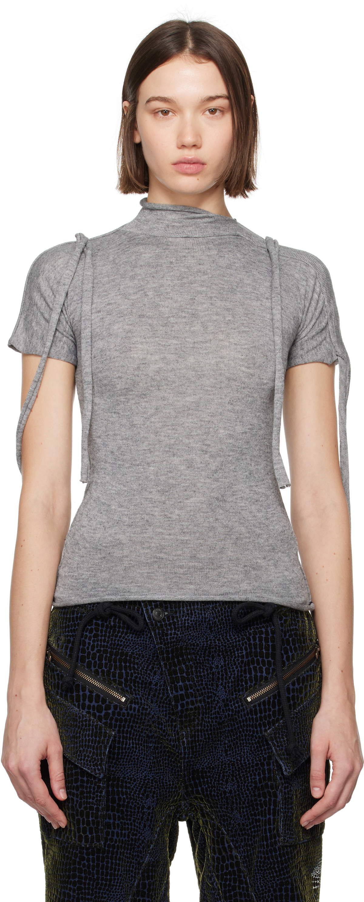 Ottolinger Gray Strap Knit T-Shirt Ottolinger