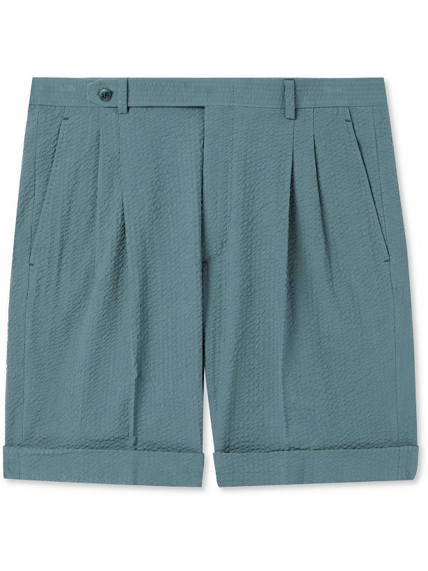 Photo: Brioni - Straight-Leg Pleated Cotton-Seersucker Shorts - Blue