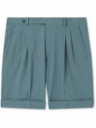 Brioni - Straight-Leg Pleated Cotton-Seersucker Shorts - Blue