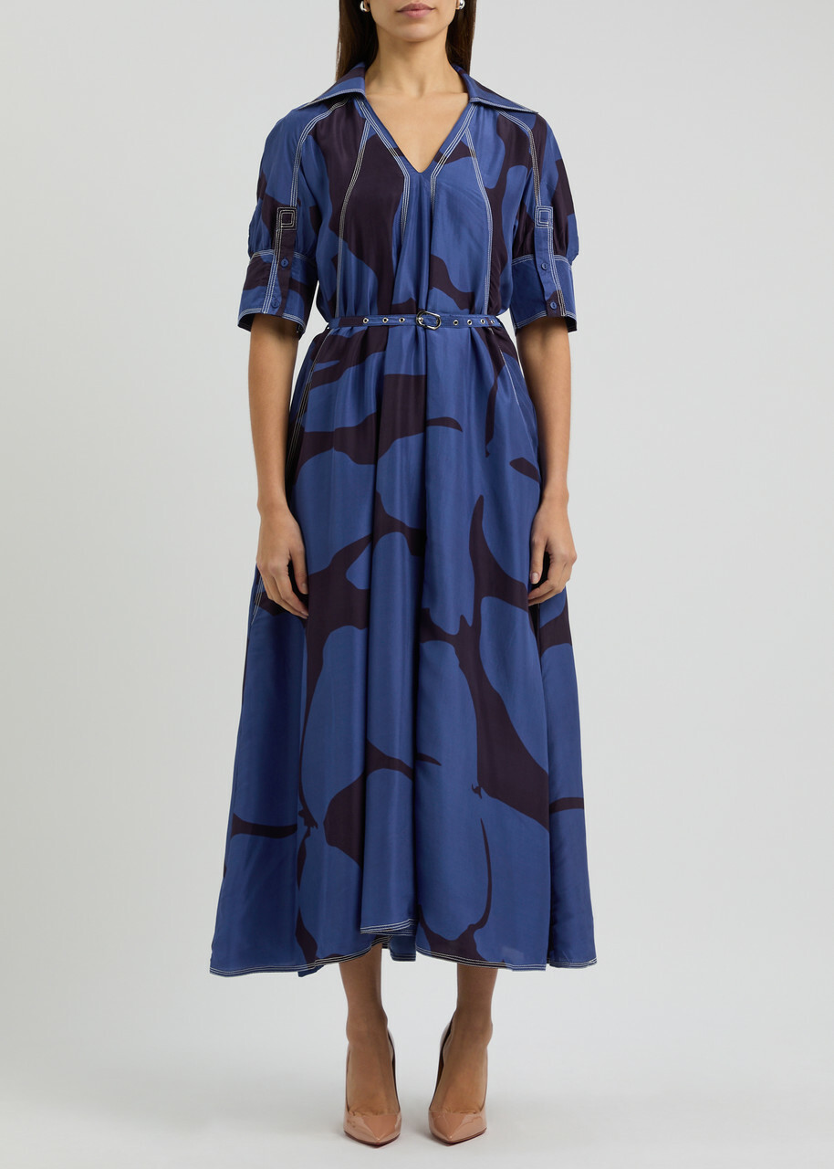 Lovebirds Printed Belted Silk Midi Dress Navy