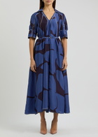 Lovebirds Printed Belted Silk Midi Dress Navy