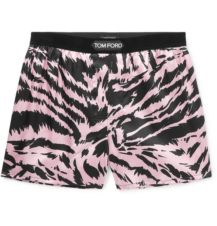 Photo: TOM FORD - Velvet-Trimmed Zebra-Print Stretch-Silk Satin Boxer Shorts - Pink