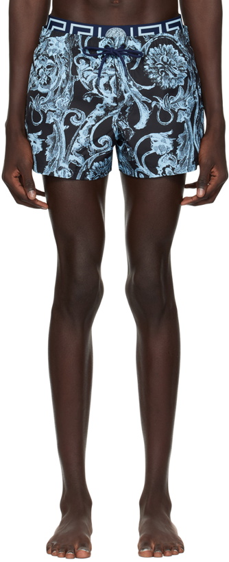 Photo: Versace Underwear Blue Barocco Stencil Swim Shorts