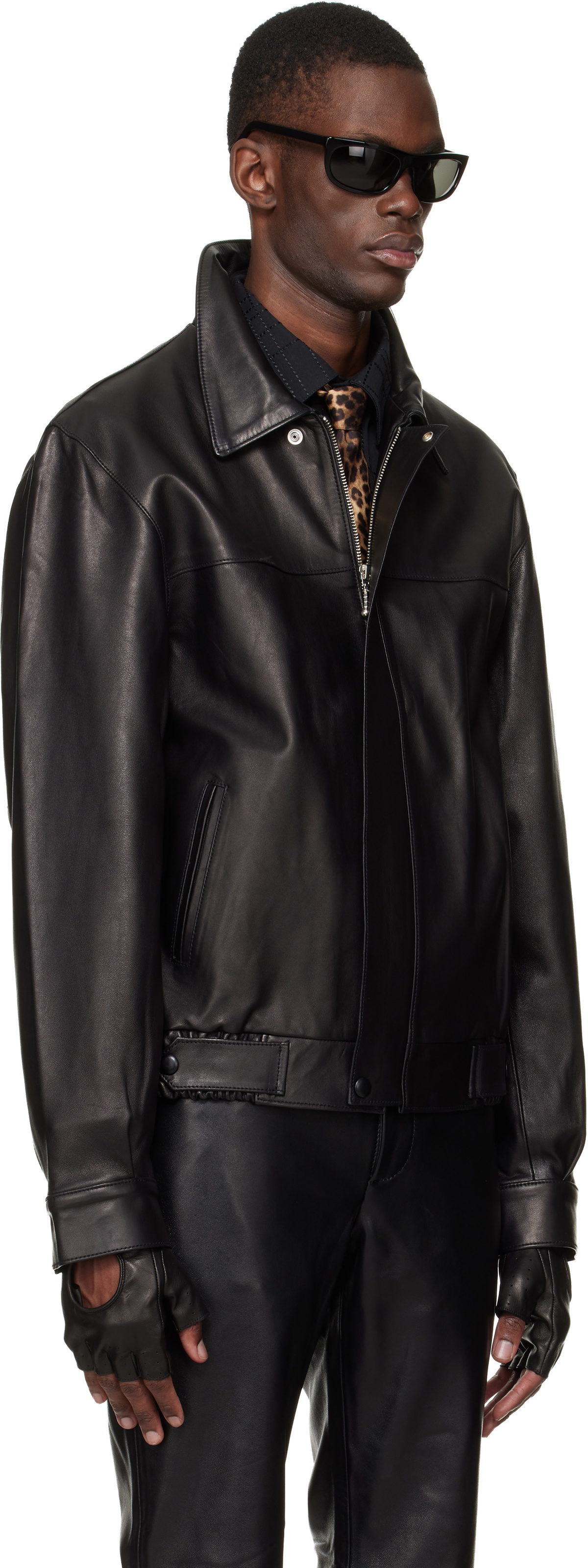 Ernest W. Baker Black Leather Bomber Jacket