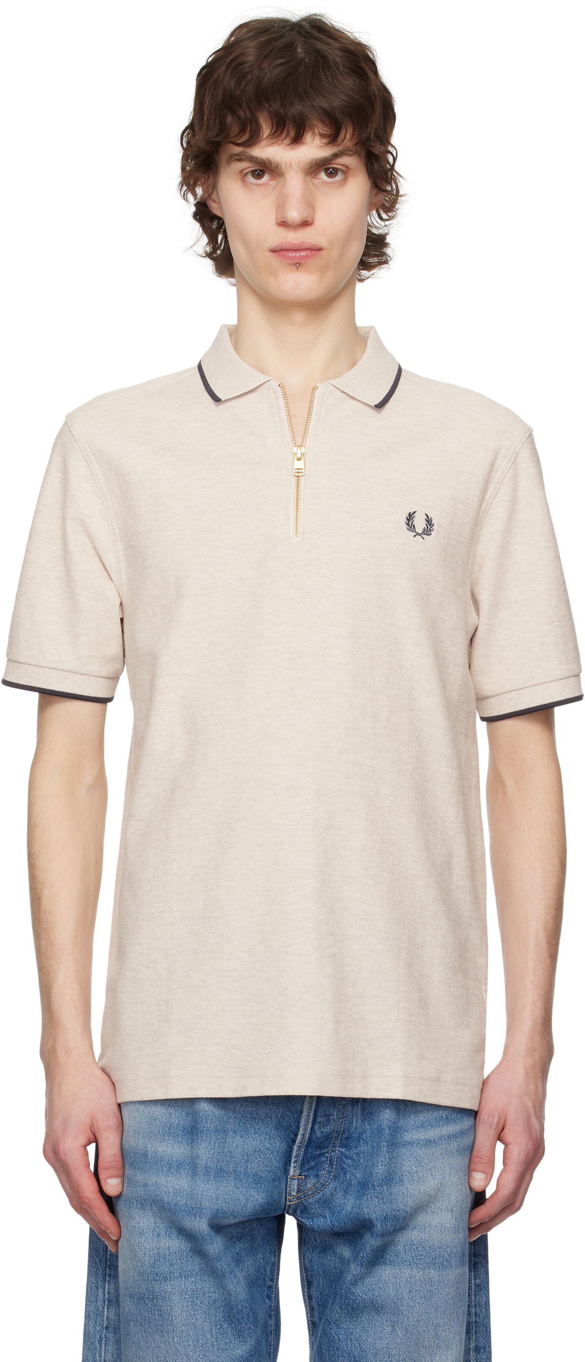 Fred Perry Beige Crepe Piqué Zip Neck Polo Fred Perry