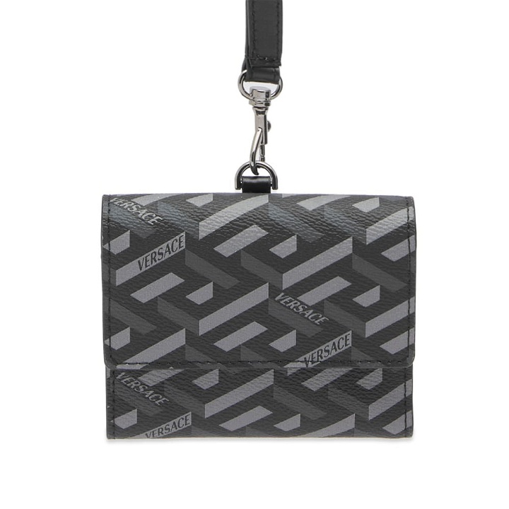 Photo: Versace Men's Monogrammed Logo Lanyard Wallet in Black/Grey