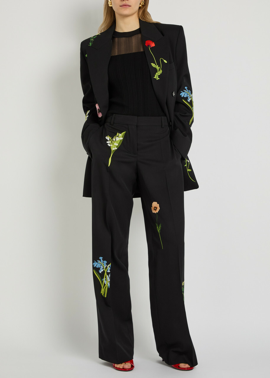 Stella Mccartney Floral-embroidered Straight-leg Trousers Black