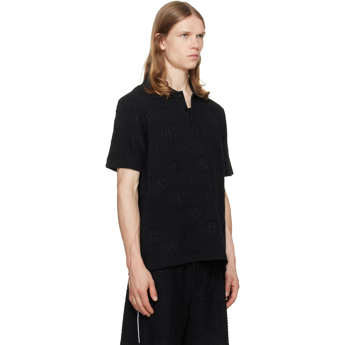 Casablanca Black Applique Monogram Short Sleeve Polo