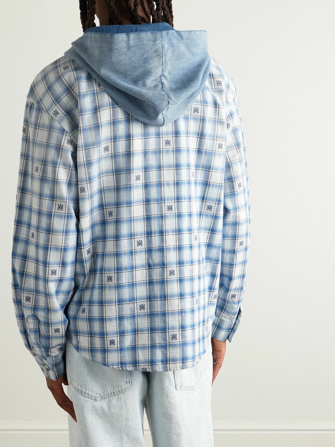 AMIRI - Denim-Trimmed Logo-Appliquéd Checked Cotton-Flannel Hooded