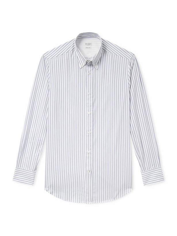 Photo: Brunello Cucinelli - Button-Down Collar Striped Cotton-Poplin Shirt - White
