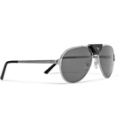 Cartier Eyewear - Santos de Cartier Aviator-Style Leather-Trimmed Silver-Tone Sunglasses - Silver
