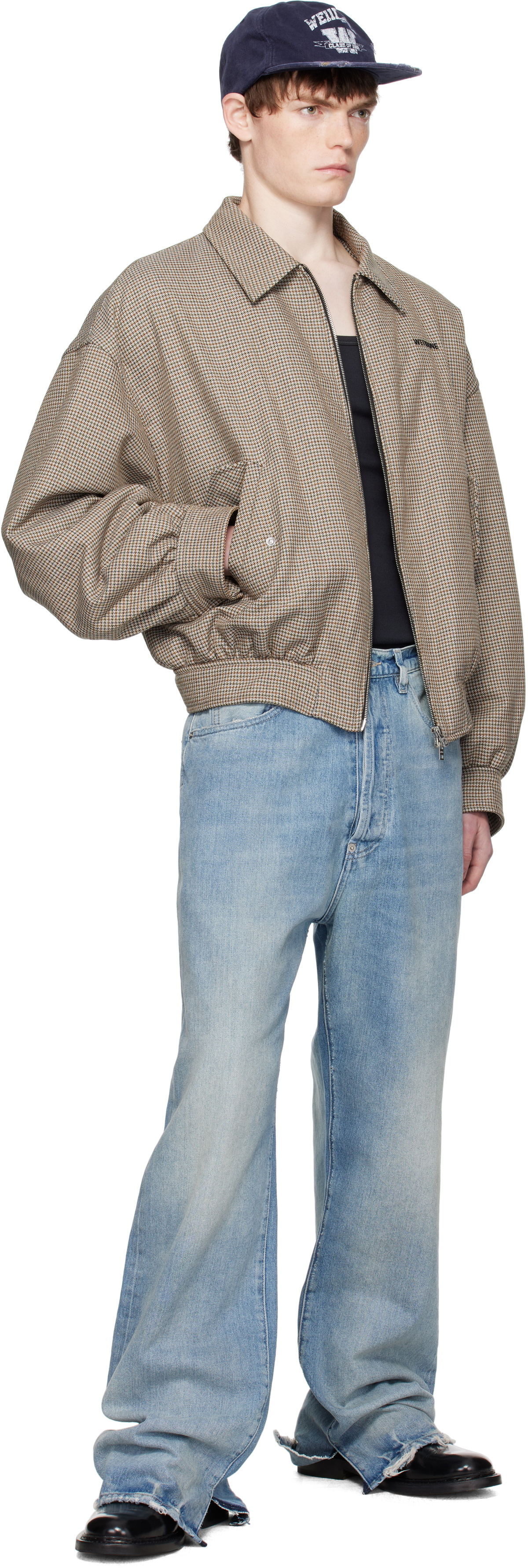 We11done Beige Checkered Bomber Jacket