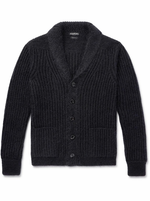 Photo: TOM FORD - Shawl-Collar Ribbed Wool, Silk and Mohair-Blend Cardigan - Black