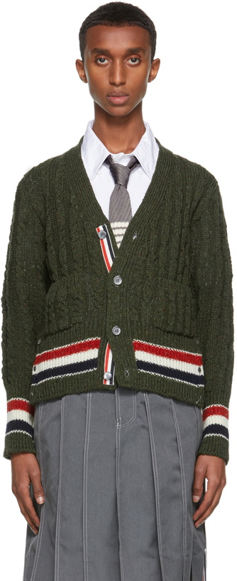 Photo: Thom Browne Green Donegal RWB Stripe Classic-Fit Cardigan