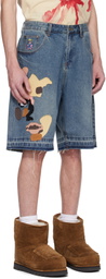 KidSuper Blue Face Patchwork Baggy Denim Short