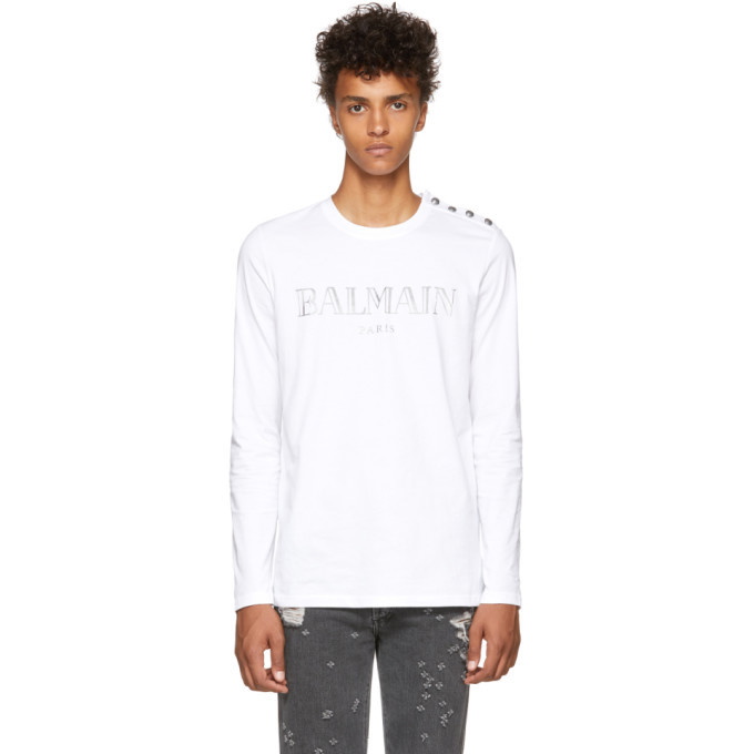 Photo: Balmain White Logo Long Sleeve T-Shirt