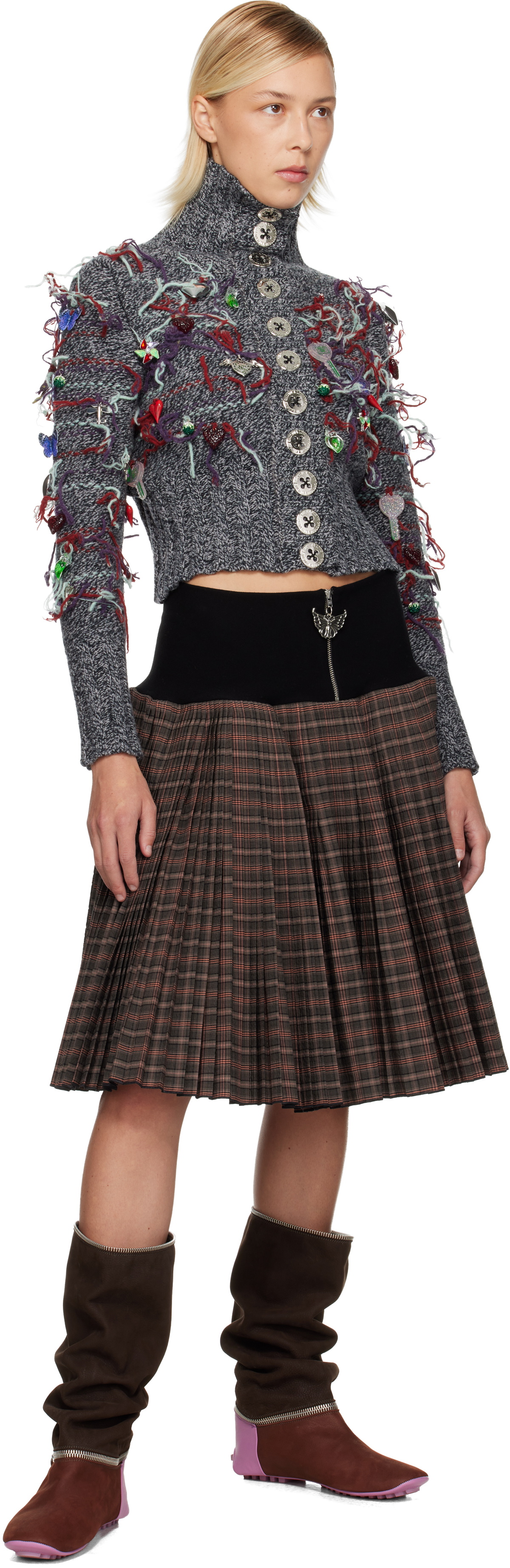 Chopova Lowena Brown Fret Black Knitted Pleated Knee Midi Skirt