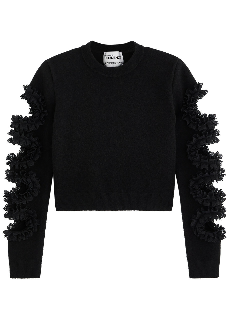 Self-portrait X Christopher Kane Lace-trimmed Cut-out Jumper Black