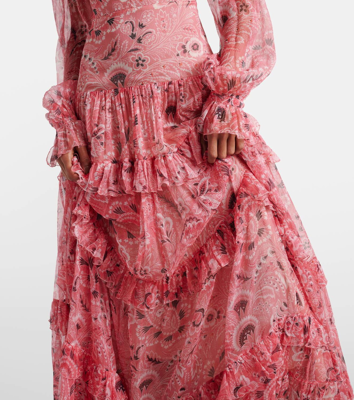 etro silk tiered dress Tiered tie-neck floral-print silk-crepon maxi dress - white
