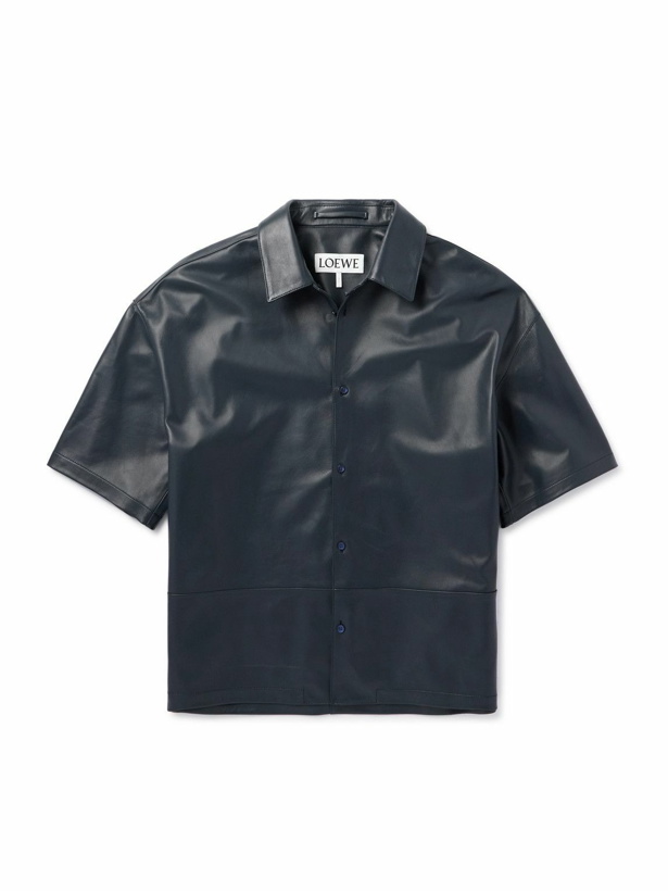 Photo: LOEWE - Anagram Logo-Embossed Panelled Leather Shirt - Blue