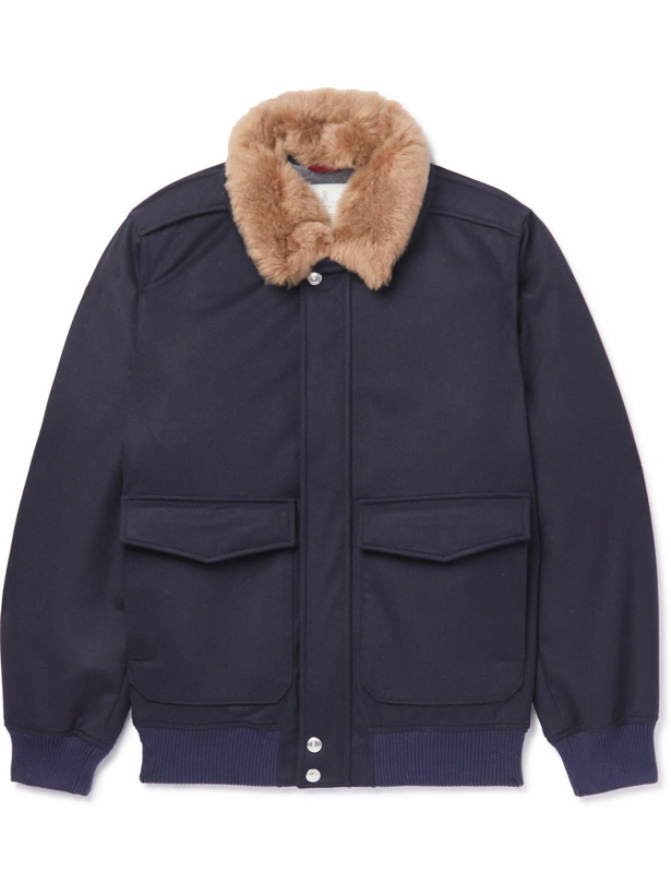 Photo: Brunello Cucinelli - Shearling-Trimmed Padded Wool Bomber Jacket - Blue