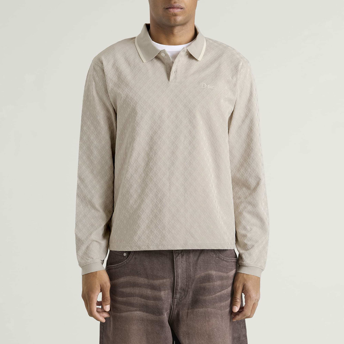 Dime Men's Jacquard Long Sleeve Polo in Beige