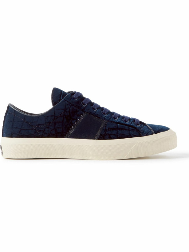Photo: TOM FORD - Cambridge Leather-Trimmed Croc-Effect Velvet Sneakers - Blue