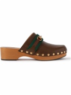GUCCI - Horsebit Webbing-Trimmed Leather Clogs - Brown