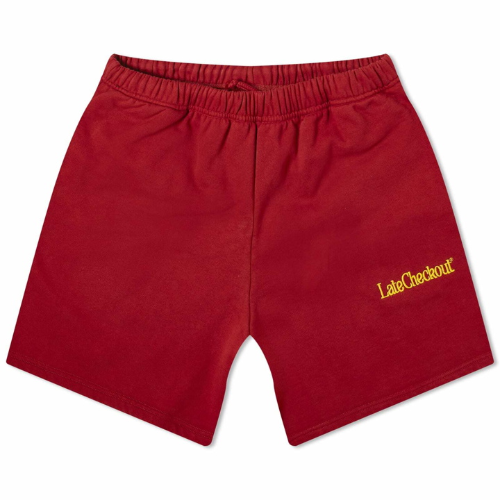 Photo: Late Checkout Men's Logo Shorts in Red