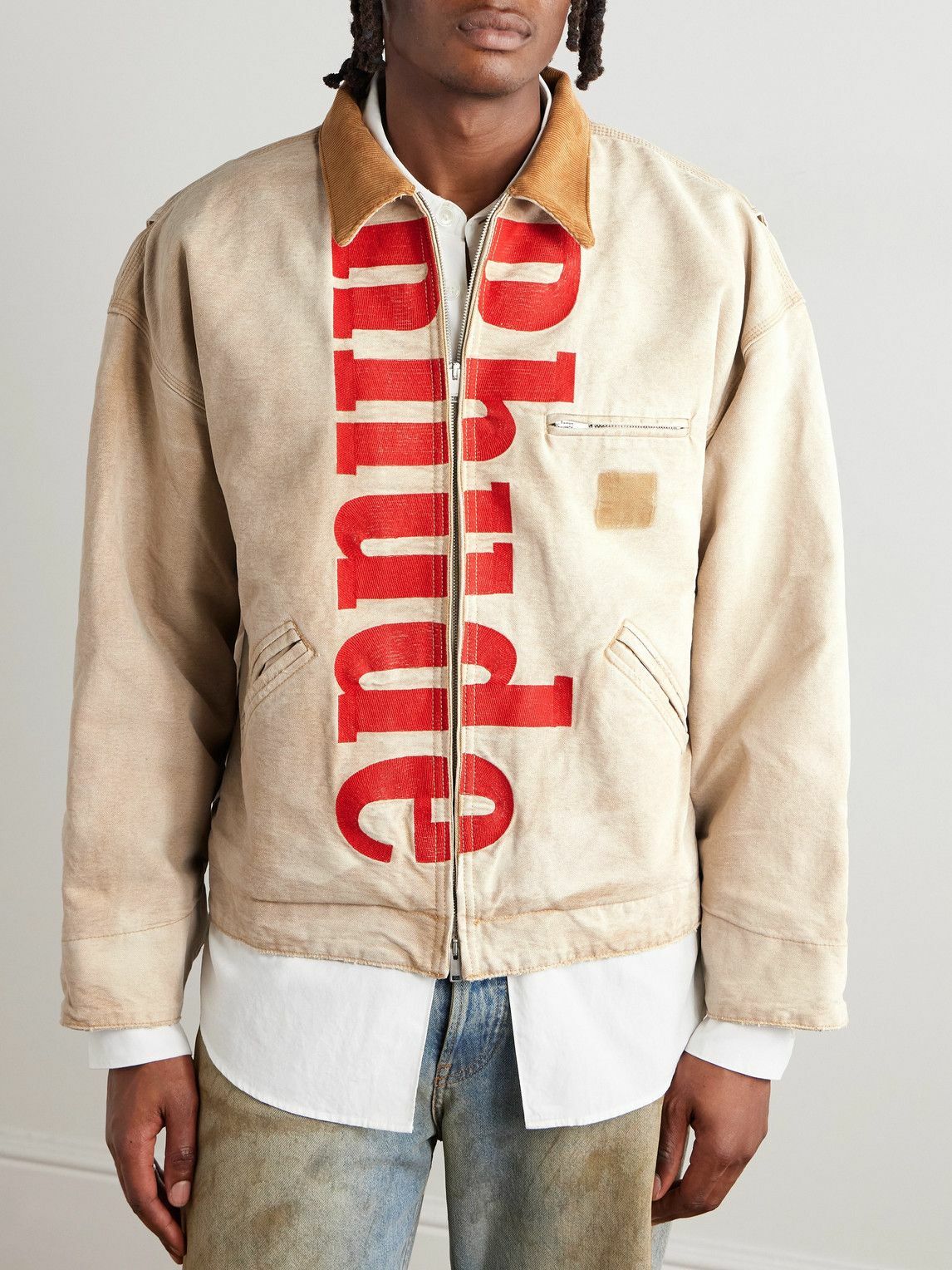 Rhude - Corduroy-Trimmed Logo-Print Distressed Cotton-Canvas Bomber Jacket - Neutrals