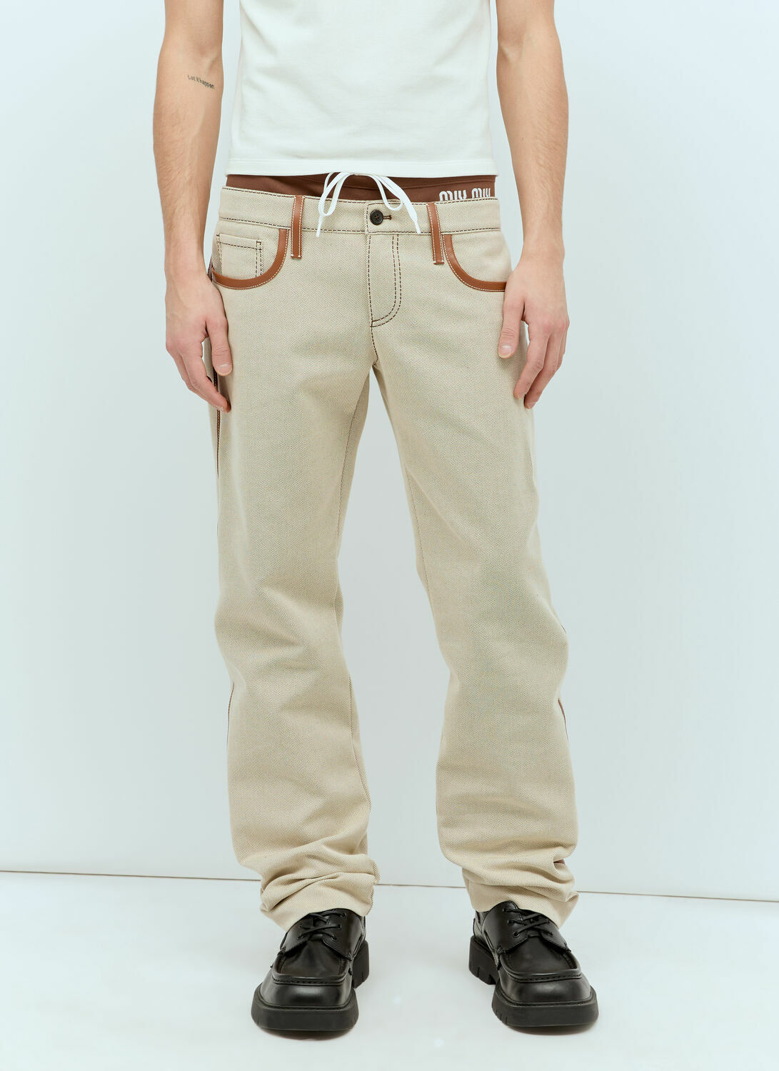Miu Miu Leather Trim Canvas Pants