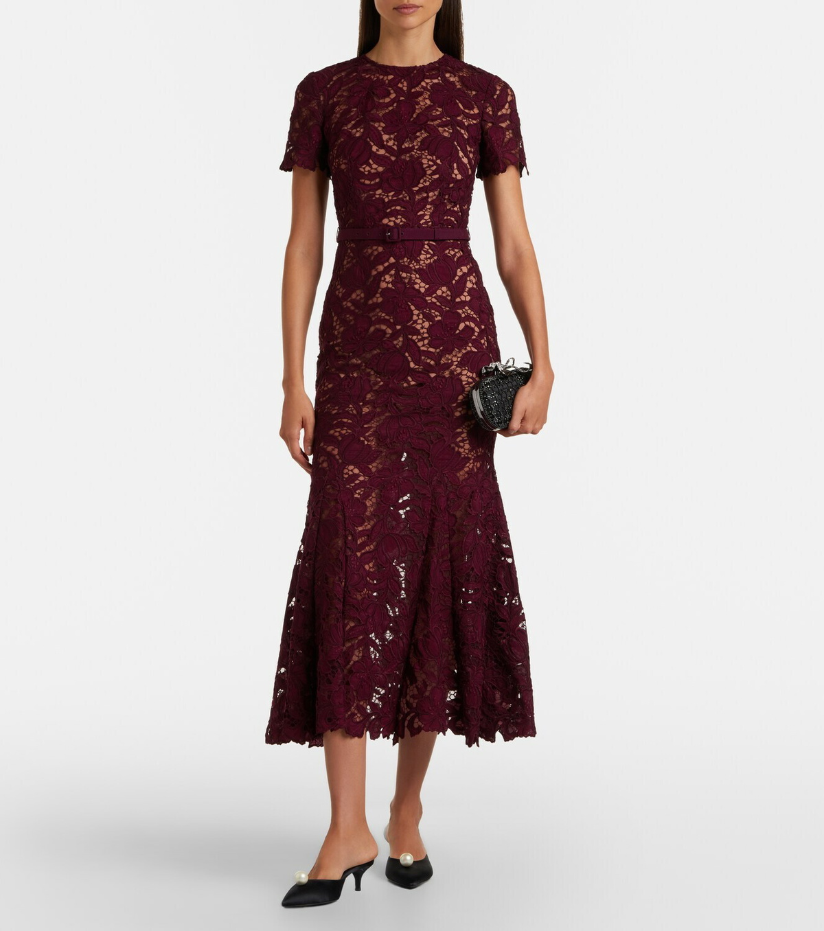 Self-Portrait Belted floral guipure lace midi dress